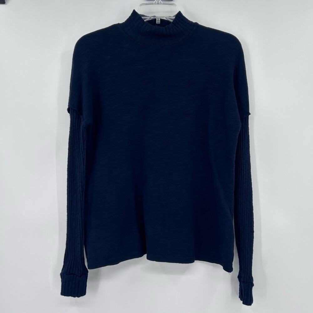 NWT Anthropologie Amadi Navy Mock Neck Mixed Knit Ribbed Sleeve Top Womens Sz XS - Picture 4 of 13